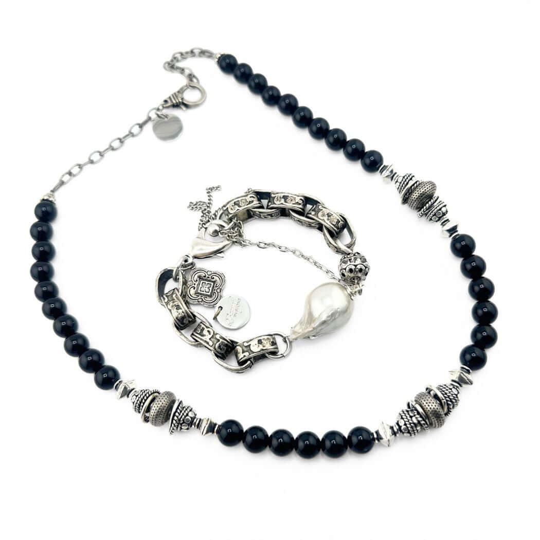 Black Gemstone Necklace With Textured Beads