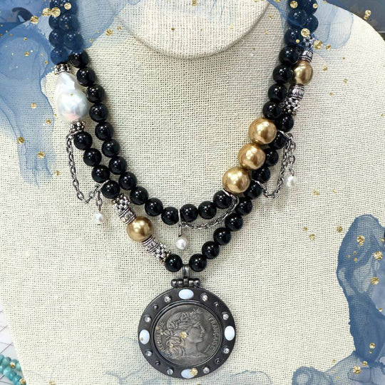 Black Gemstone Double With Pearls & Pendant