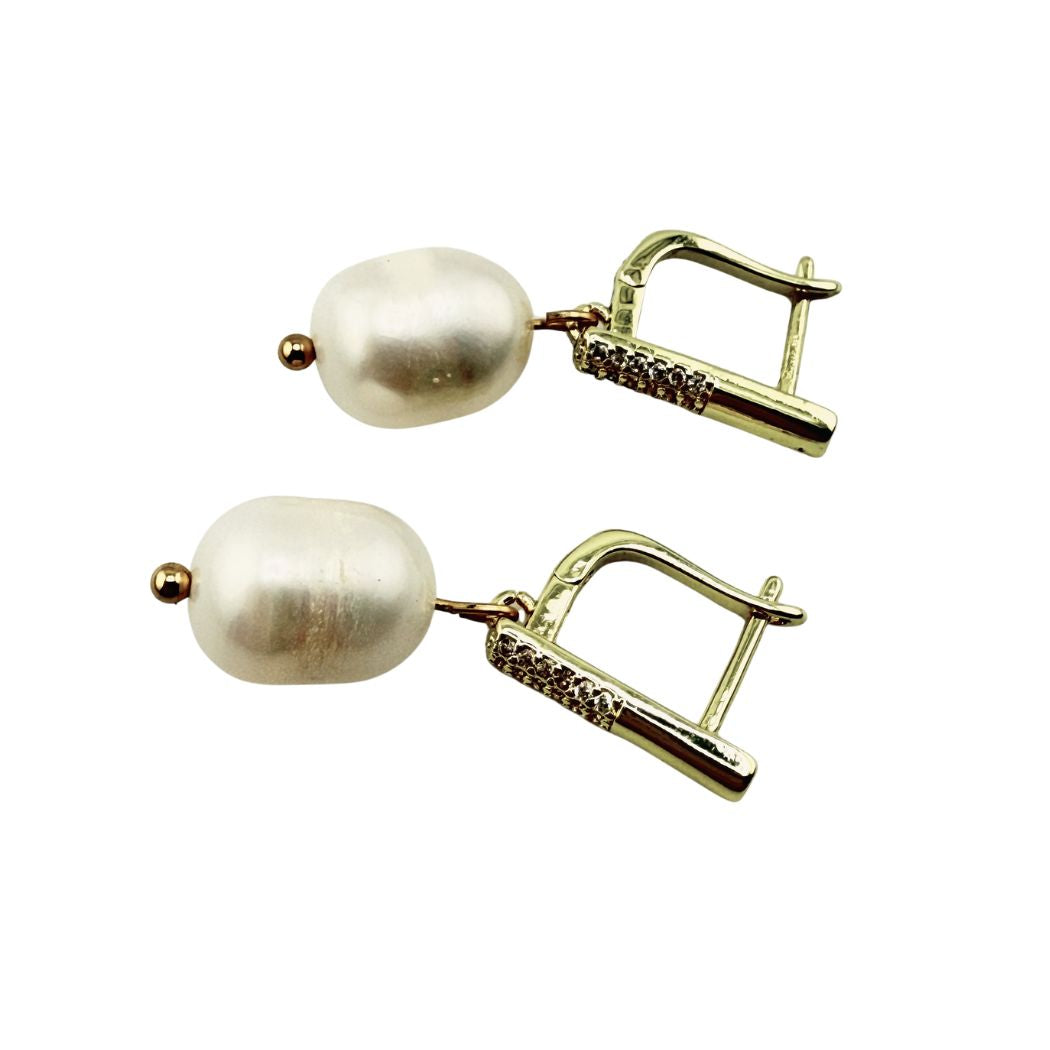 Pearl Earrings With Cubic Zirconia Leverback Posts