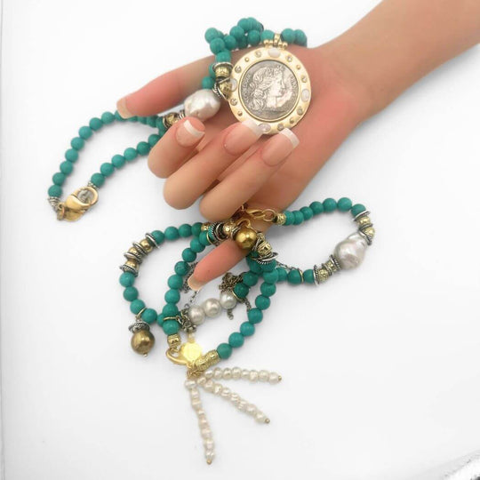 Turquoise Beaded Coin Necklace Short or Long