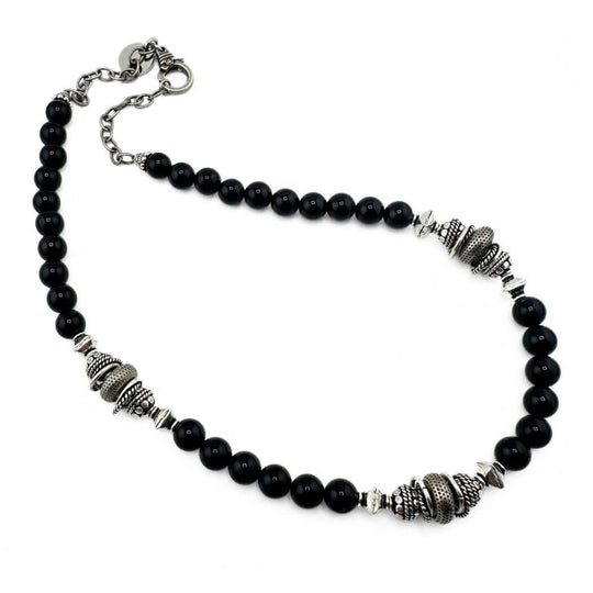 Black Gemstone Necklace With Textured Beads