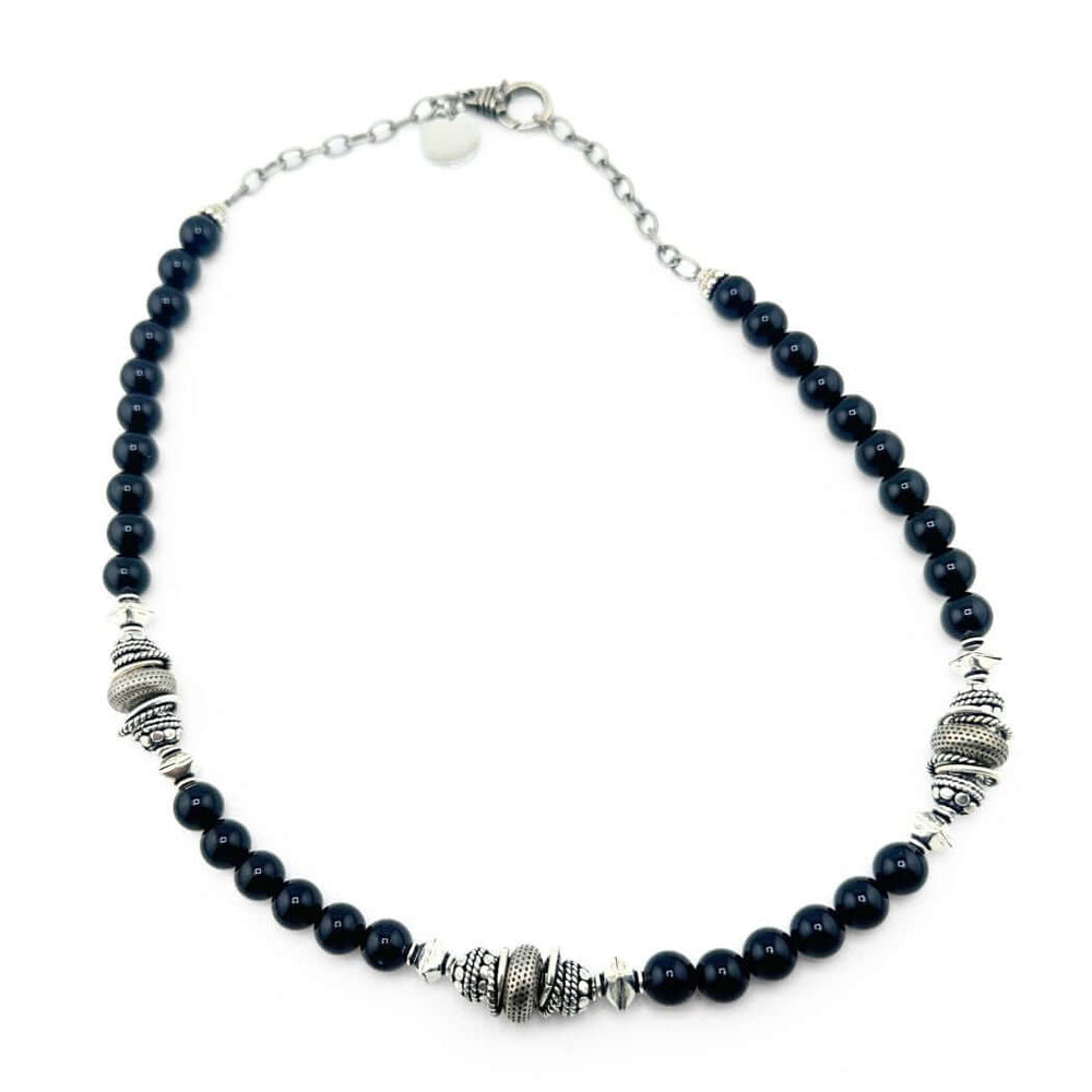 Black Gemstone Necklace With Textured Beads