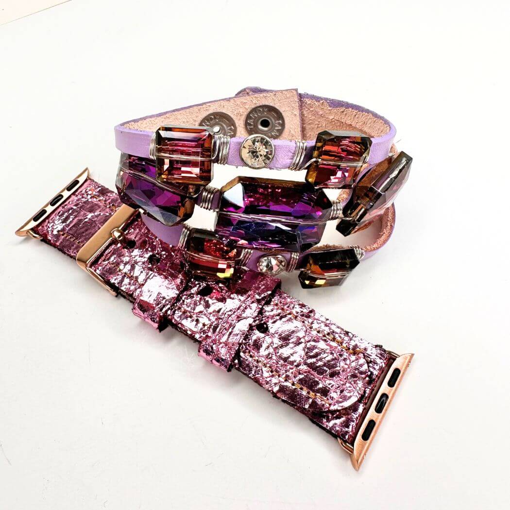 Leather Cuff Purple With Crystal Bling