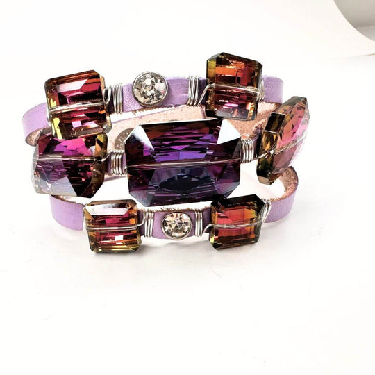 Leather Cuff Purple With Crystal Bling