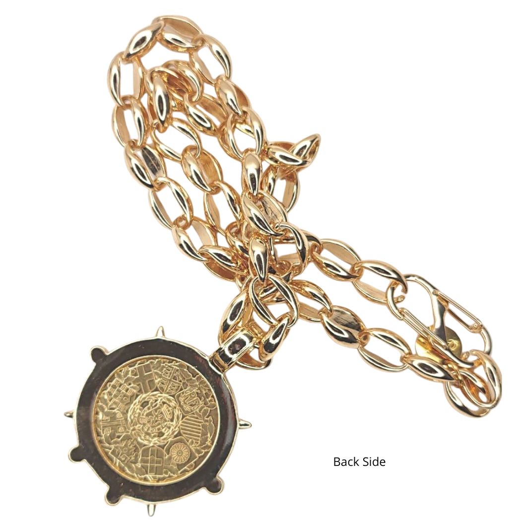 French Coin Pendant Necklace Gold Rhinestone Bezel
