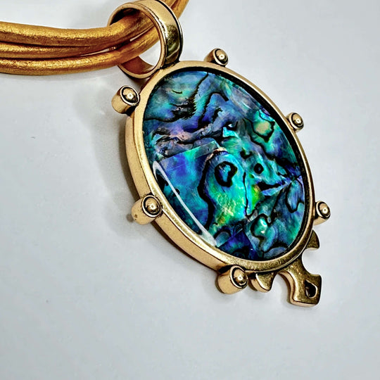 Paua Shell Pendant Necklace On Gold Leather