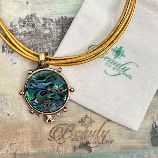 Paua Shell Pendant Necklace On Gold Leather