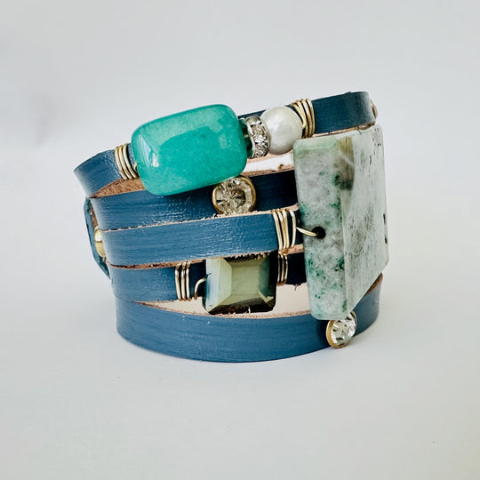 Leather Cuff Bracelet With Blue Stone