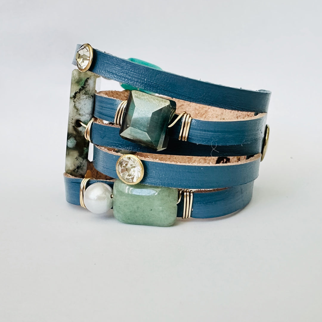 Leather Cuff Bracelet With Blue Stone