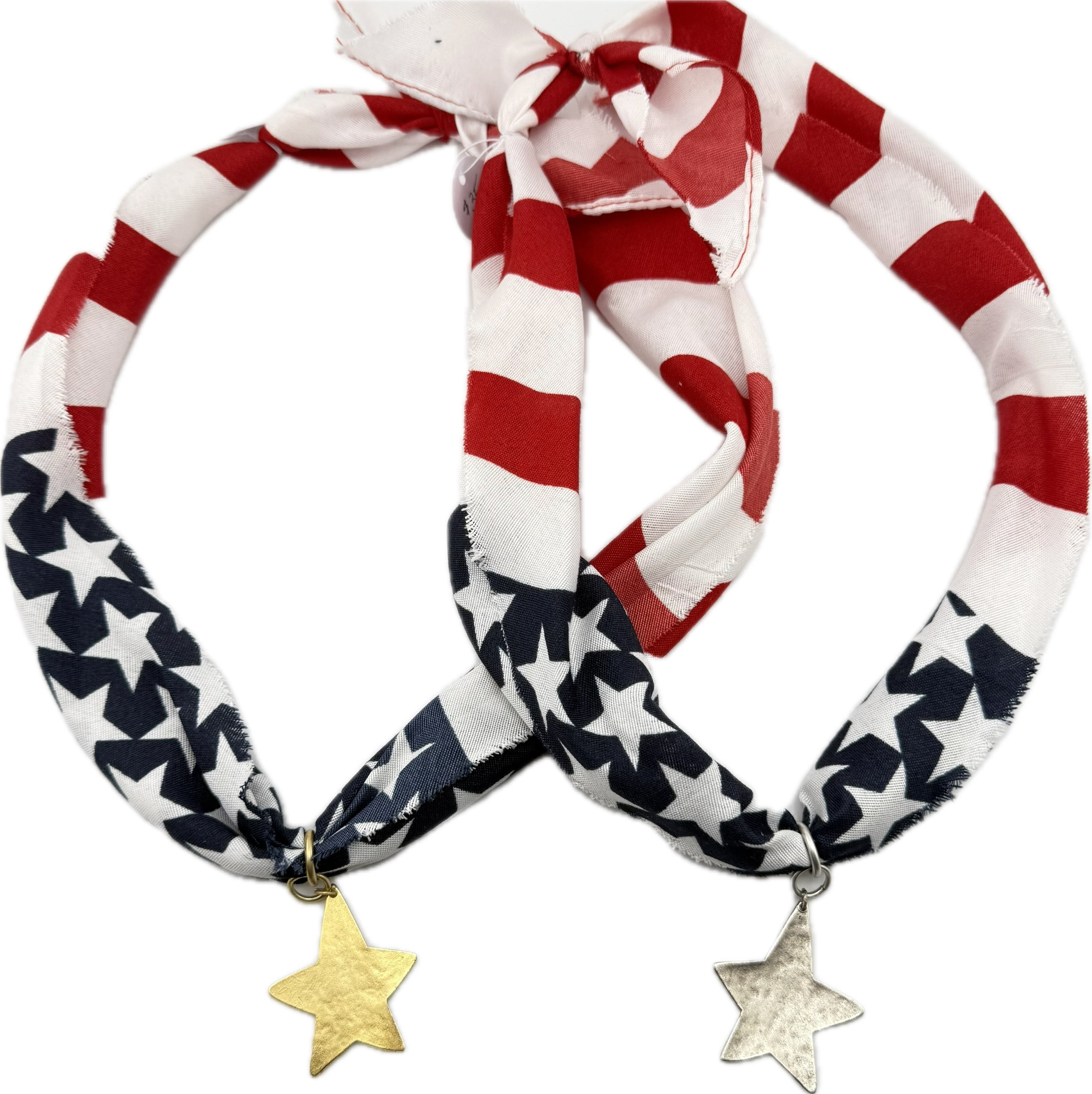 American flag patterned scarf with star pendants.