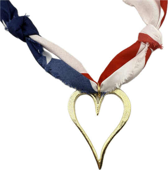 American Flag Themed Scarf Necklace With Extra Large Gold Heart Pendant