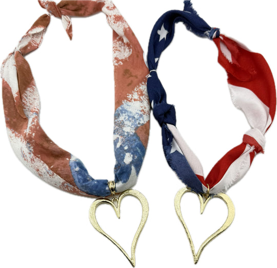 American Flag Themed Scarf Necklace With Extra Large Gold Heart Pendant