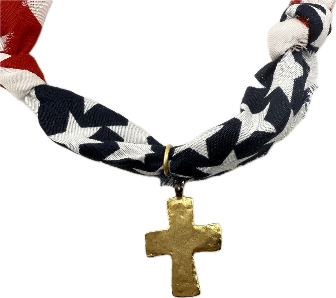 American Flag Themed Scarf Necklace With Hammered Cross Pendant
