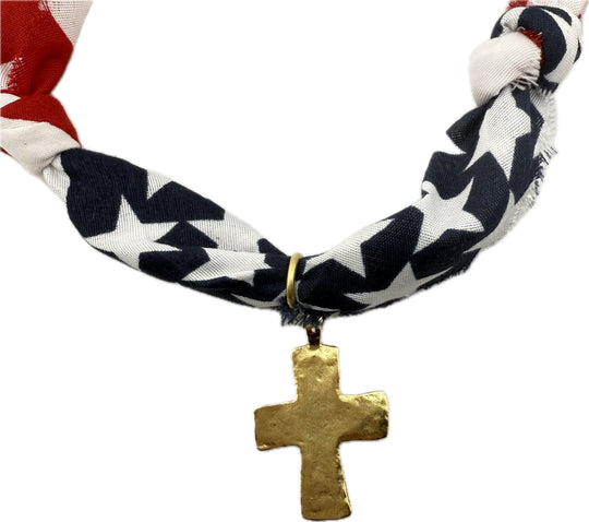 American Flag Themed Scarf Necklace With Hammered Cross Pendant