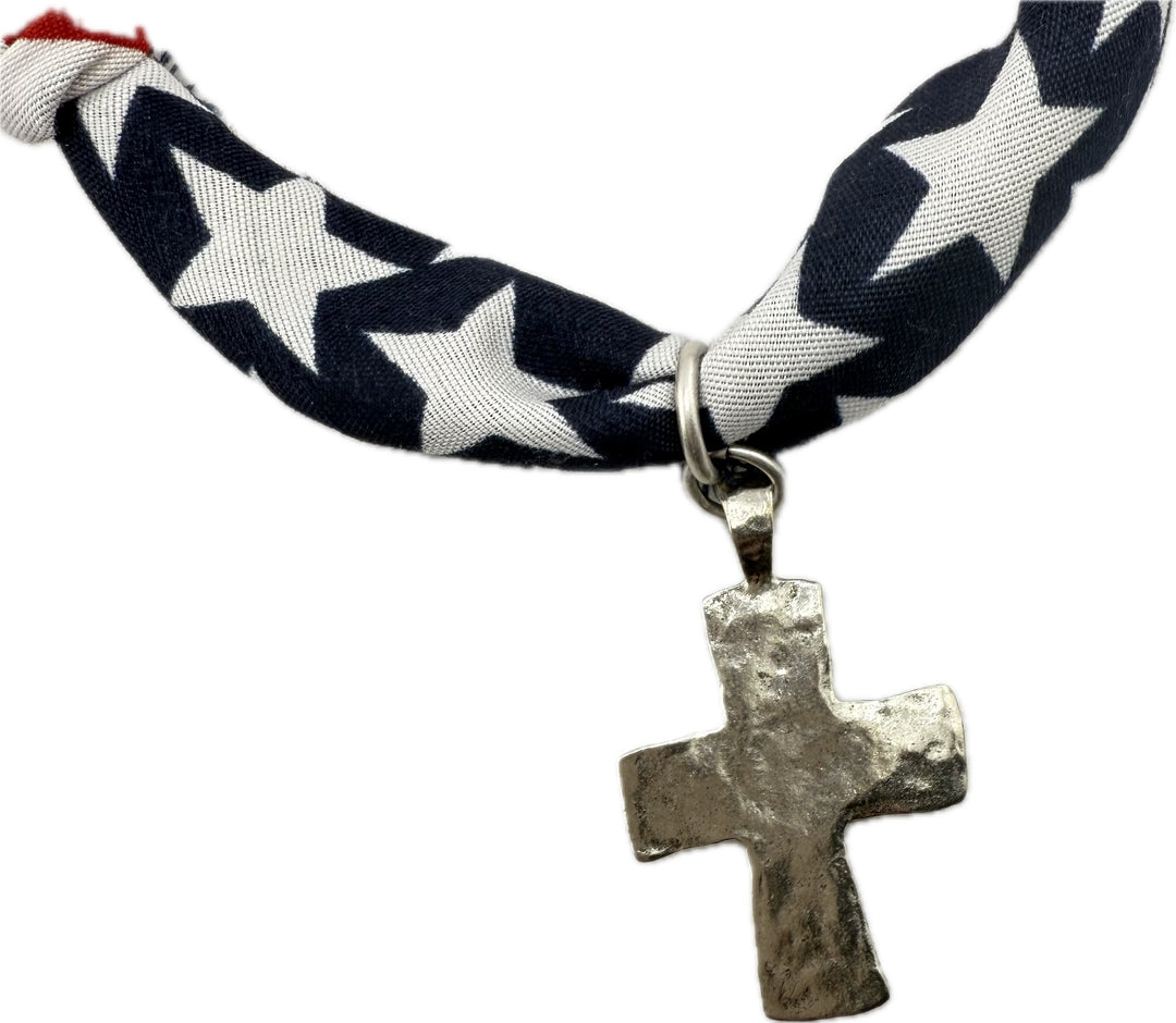 American Flag Themed Scarf Necklace With Hammered Cross Pendant