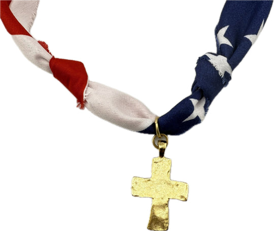 American Flag Themed Scarf Necklace With Hammered Cross Pendant