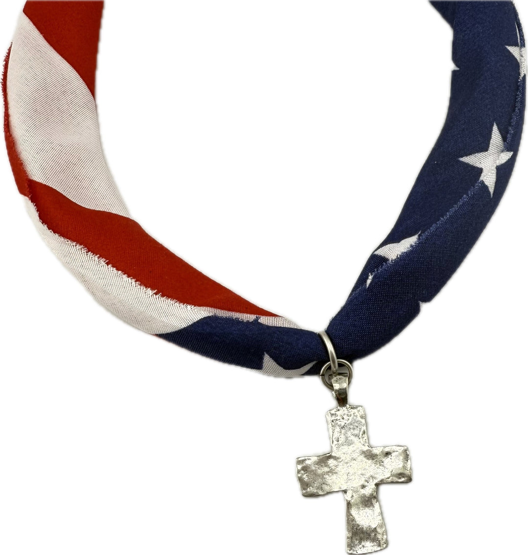 American Flag Themed Scarf Necklace With Hammered Cross Pendant