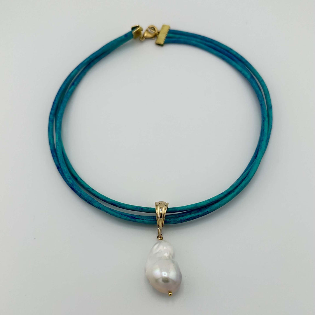 Distressed Blue Leather Necklace With Pearl or Earring