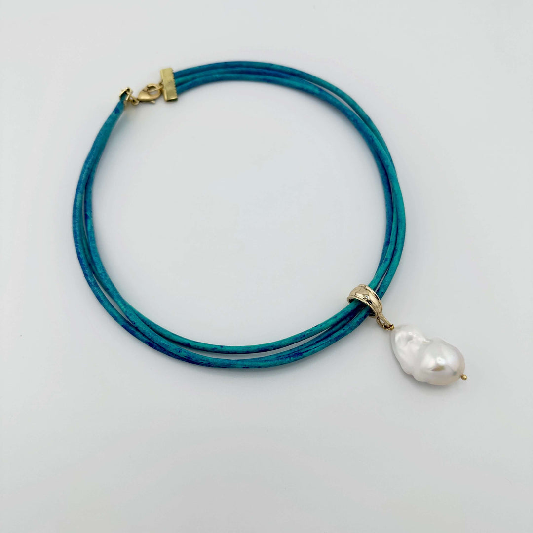 Distressed Blue Leather Necklace With Pearl or Earring