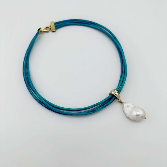 Distressed Blue Leather Necklace With Pearl or Earring