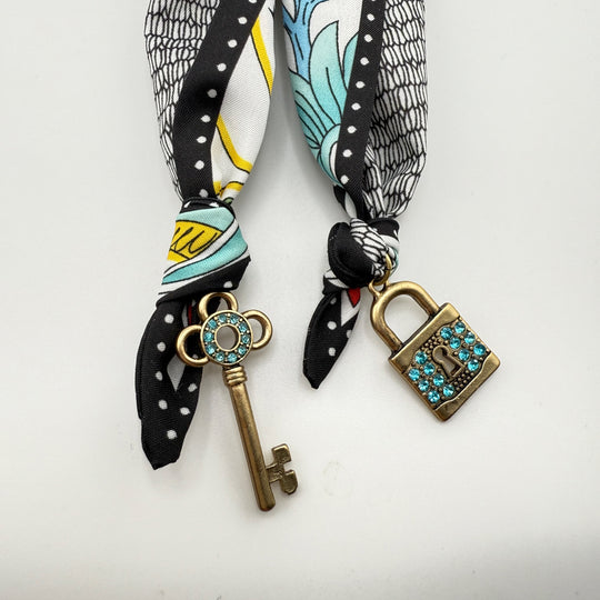 Boho Print Scarf Necklace With Lock & Key Pendant
