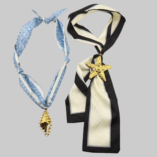 Scarf Necklace With Gold Starfish or Shell Pendant