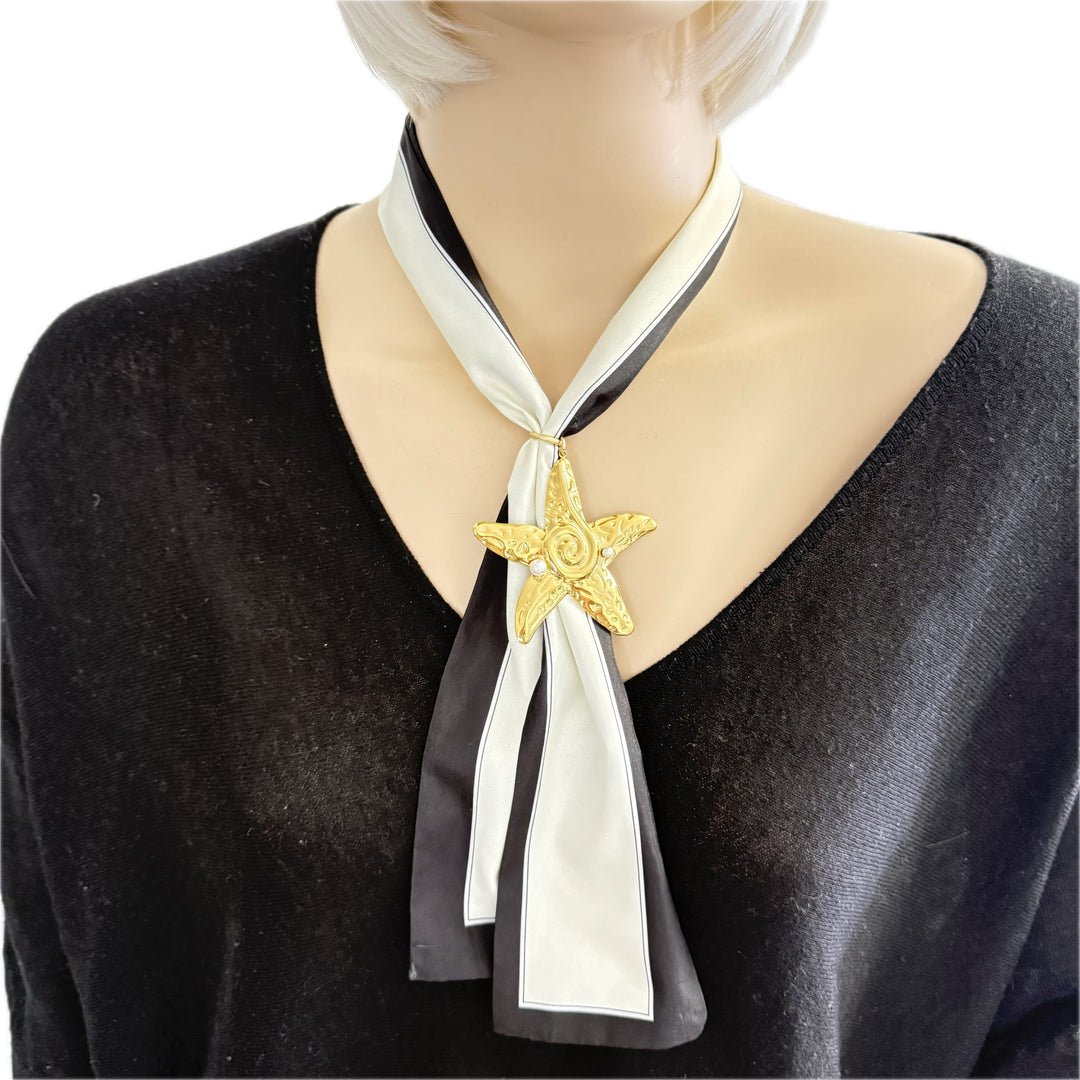 Scarf Necklace With Gold Starfish or Shell Pendant
