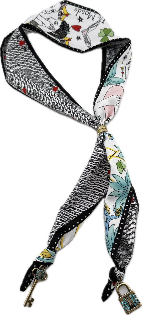 Boho Print Scarf Necklace With Lock & Key Pendant