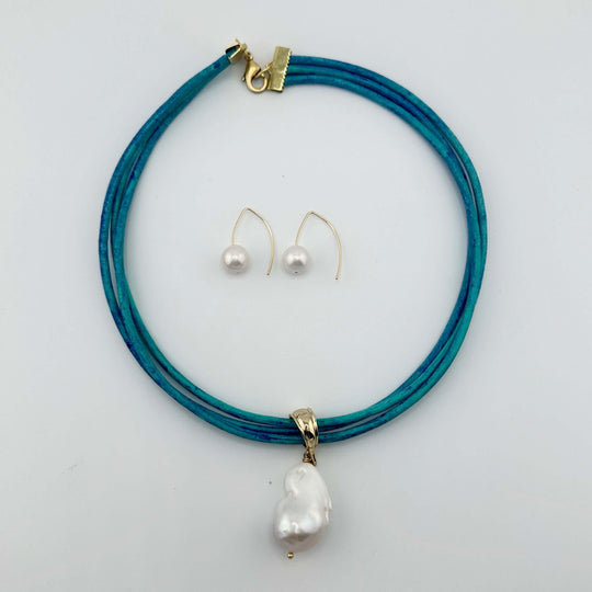 Distressed Blue Leather Necklace With Pearl or Earring