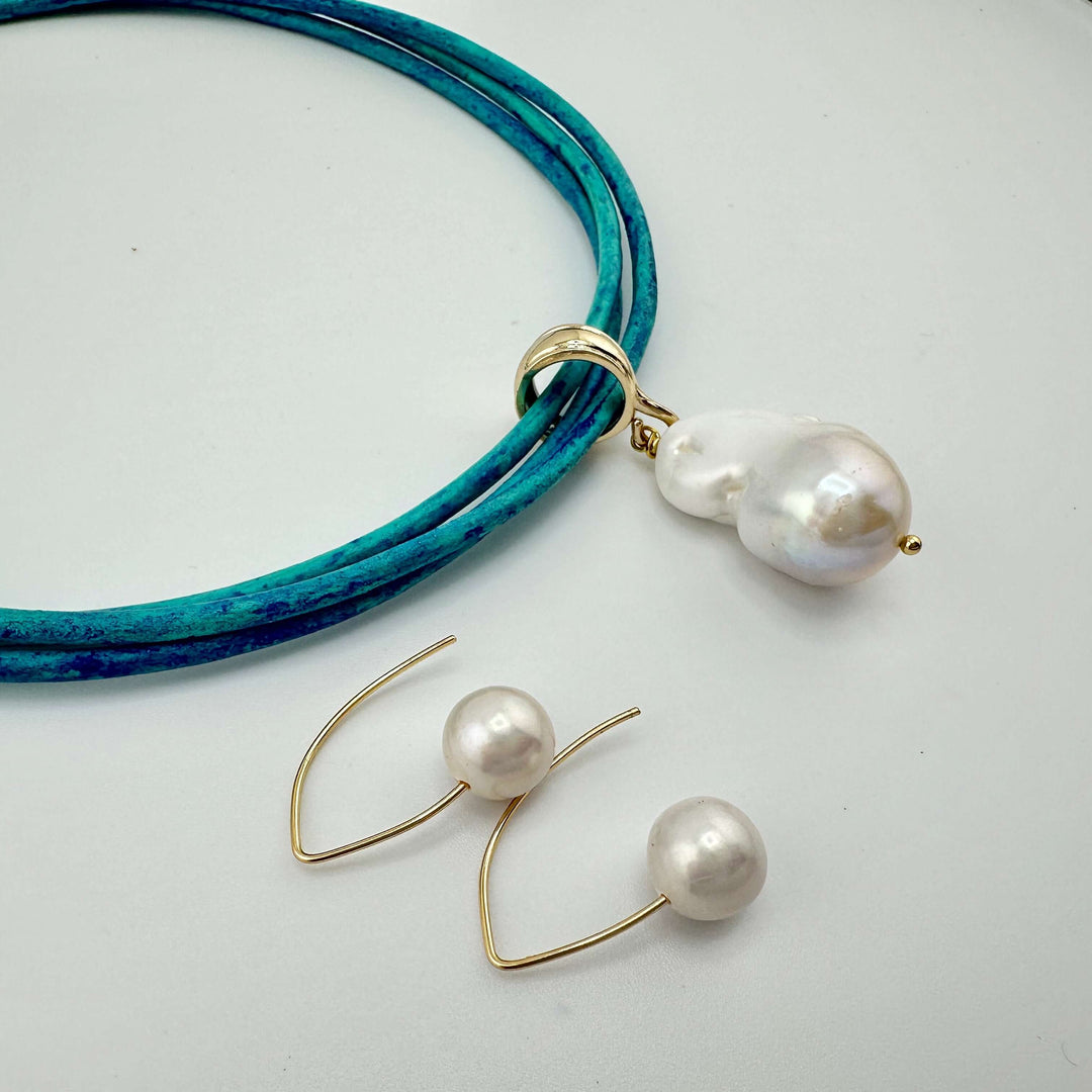 Distressed Blue Leather Necklace With Pearl or Earring