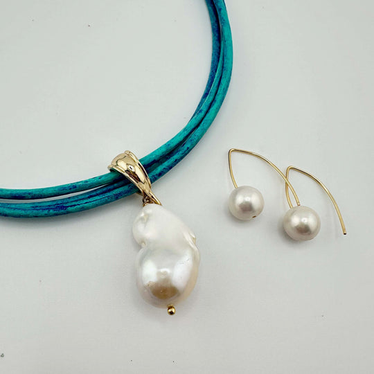 Distressed Blue Leather Necklace With Pearl or Earring