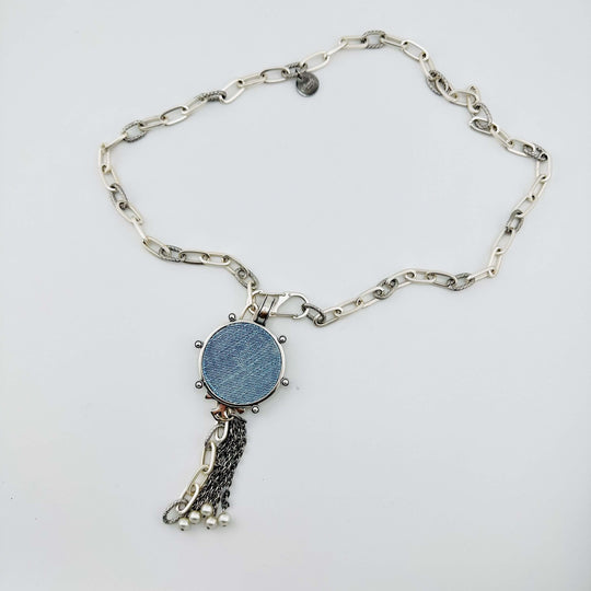 Mixed Silver Chain Necklace With Denim Pendant