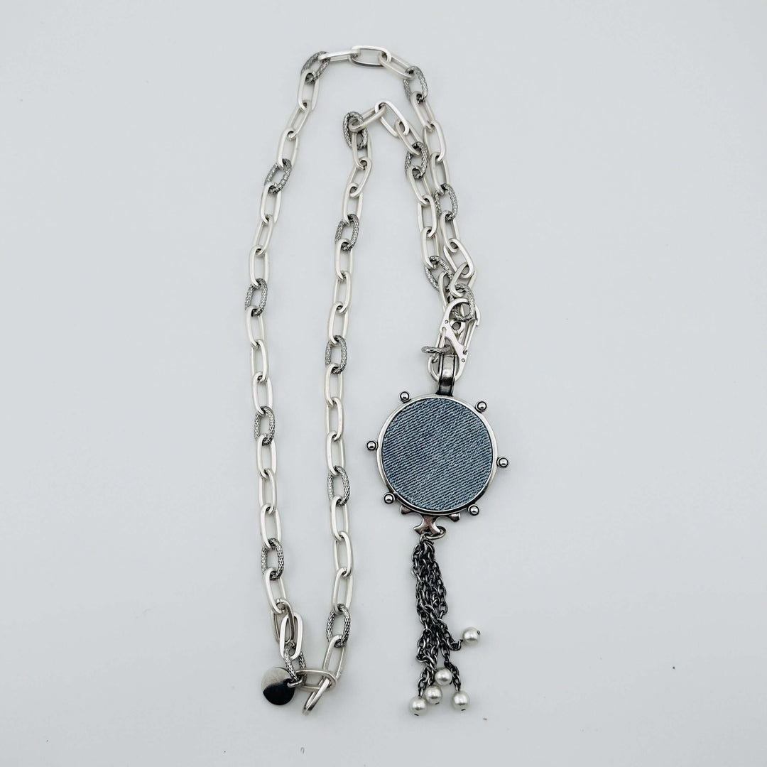 Mixed Silver Chain Necklace With Denim Pendant