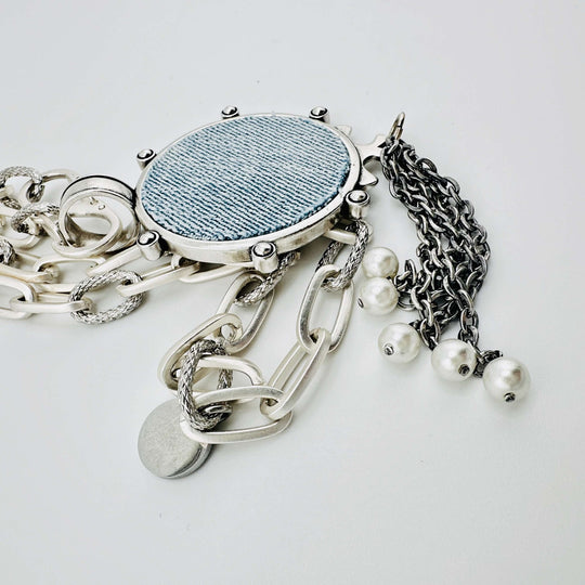 Mixed Silver Chain Necklace With Denim Pendant