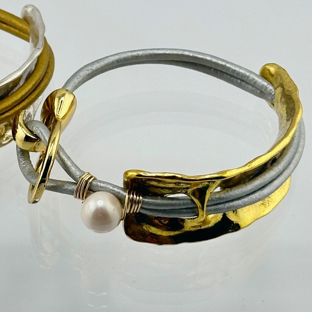 Curved Cuff Bracelet With Leather and Pearl