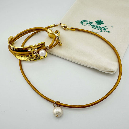 Curved Cuff Bracelet, Pearl Necklace, or Set