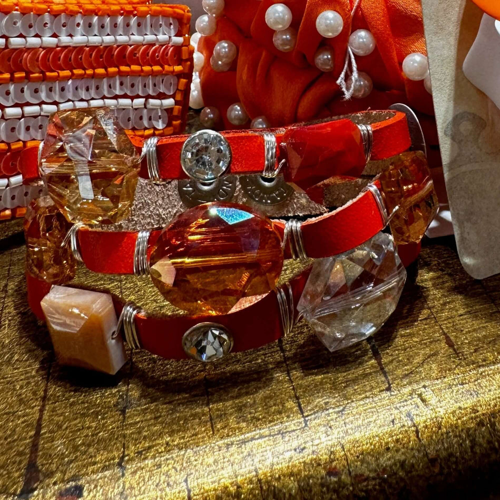 Leather Cuff Orange With Crystal Bling