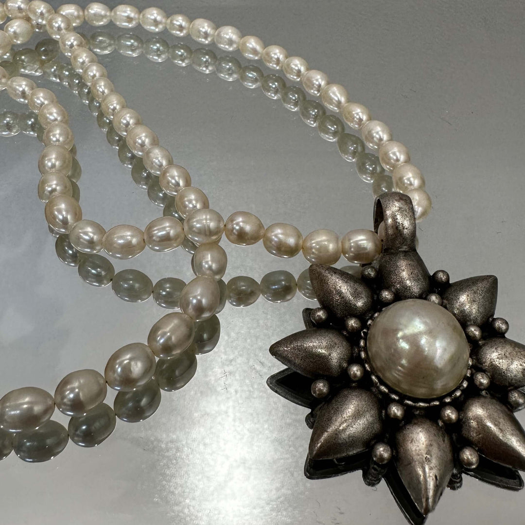 Vintage Baroque Pearl and Bronze Necklace, Metal Tube Beads and cheapest Embossed Disc