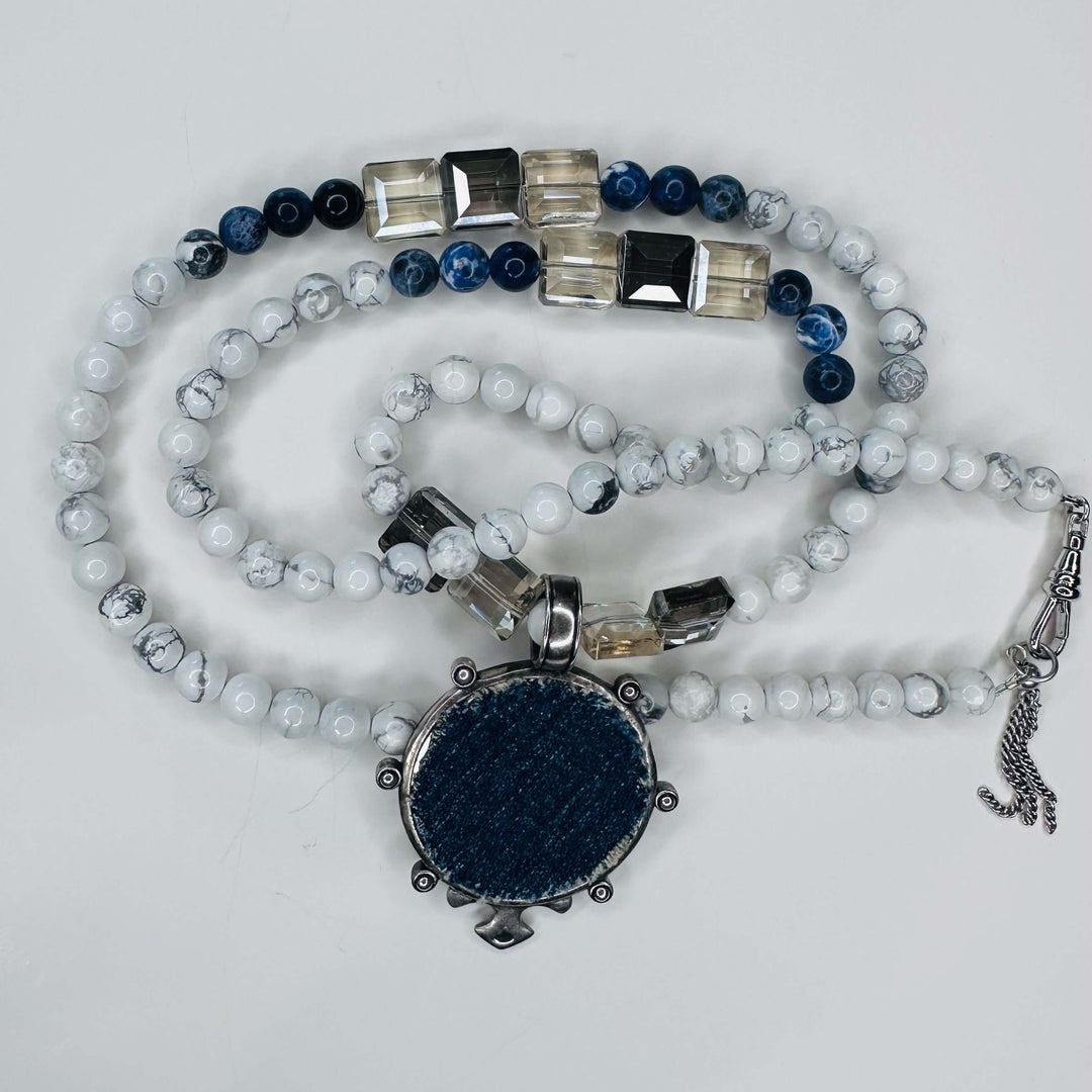 Beaded Necklace Boho Pendant Navy Blue & White