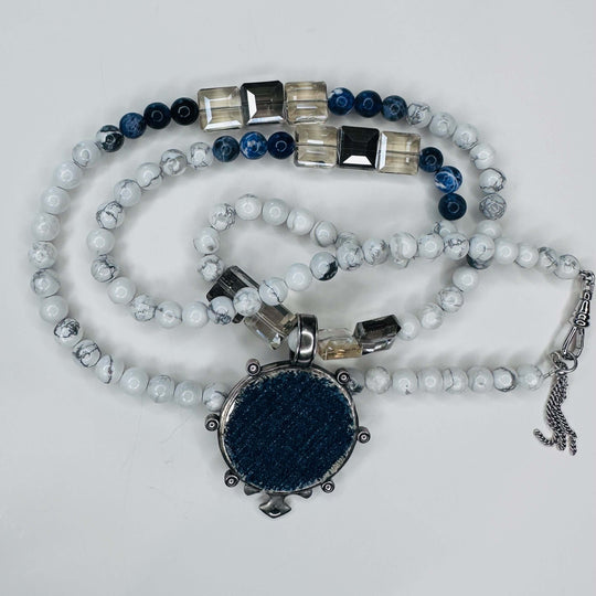 Beaded Necklace Boho Pendant Navy Blue & White