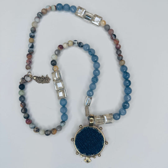 Beaded Boho Necklace With Denim Pendant