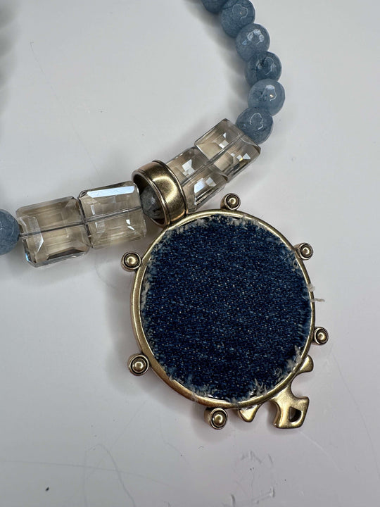 Beaded Boho Necklace With Denim Pendant