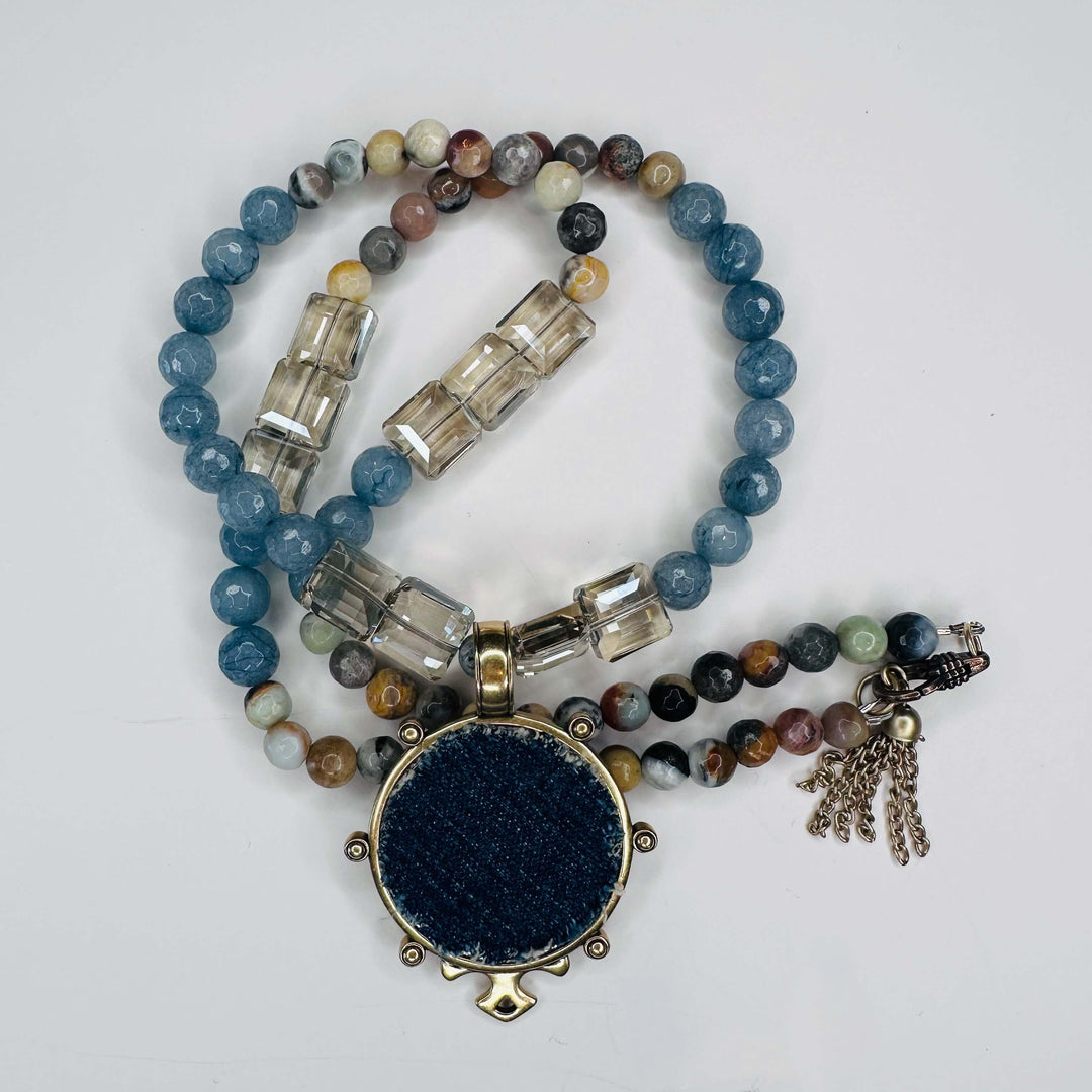 Beaded Boho Necklace With Denim Pendant