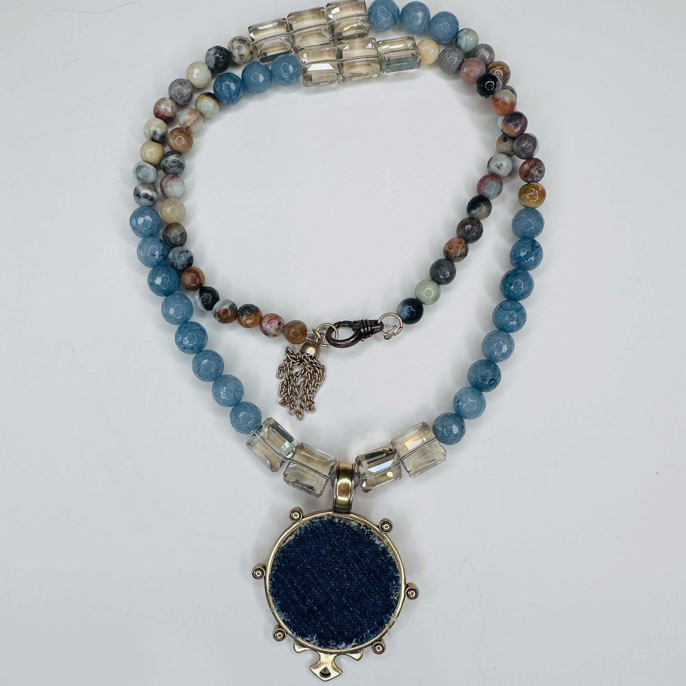 Beaded Boho Necklace With Denim Pendant