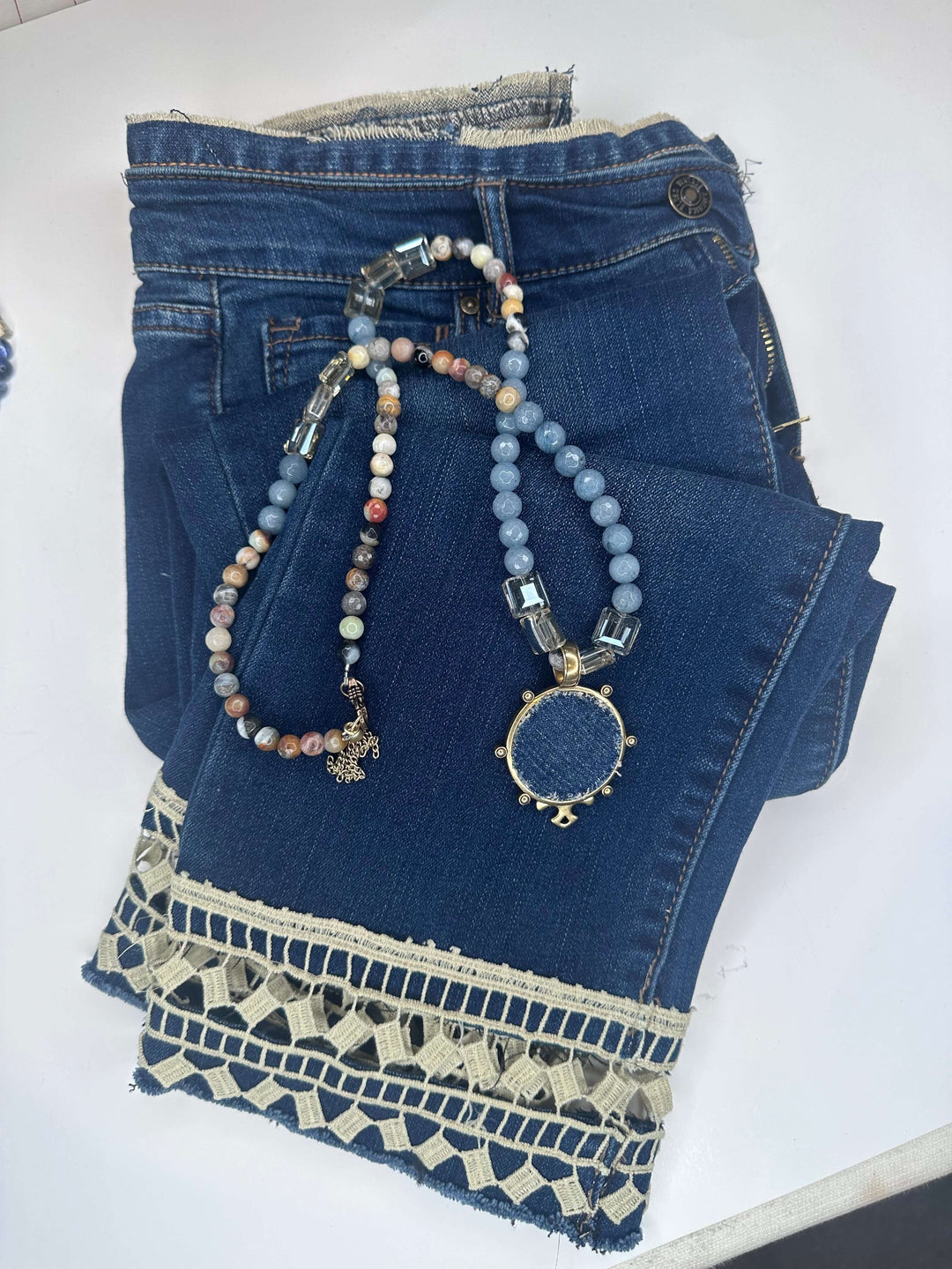 Beaded Boho Necklace With Denim Pendant