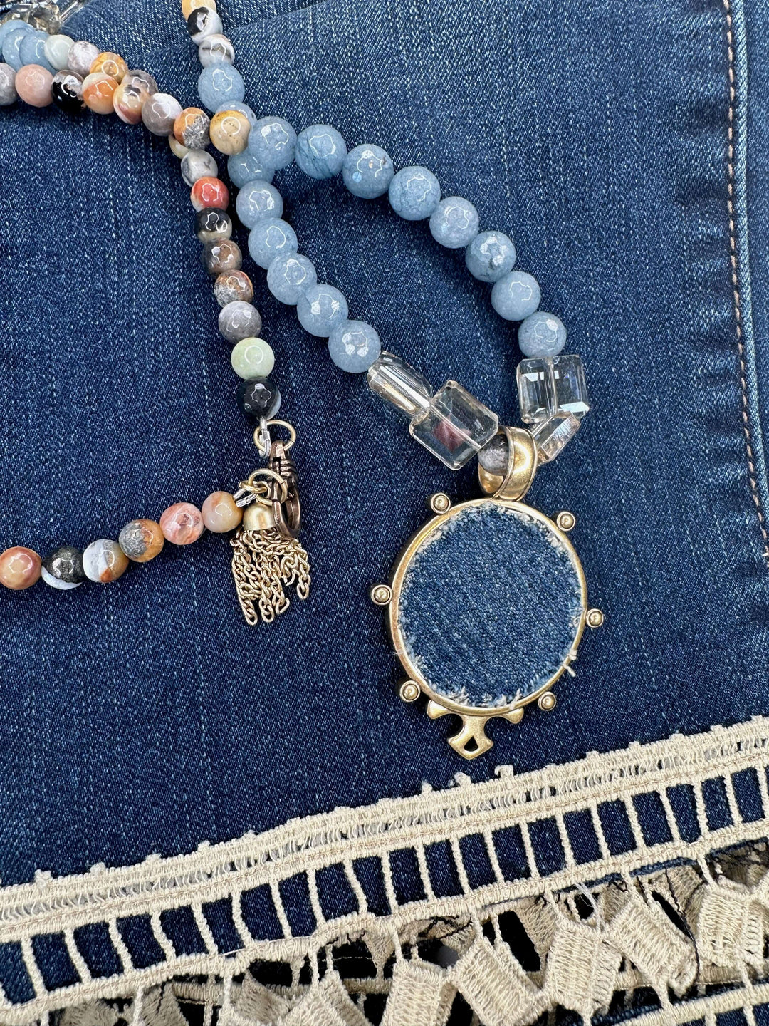 Beaded Boho Necklace With Denim Pendant