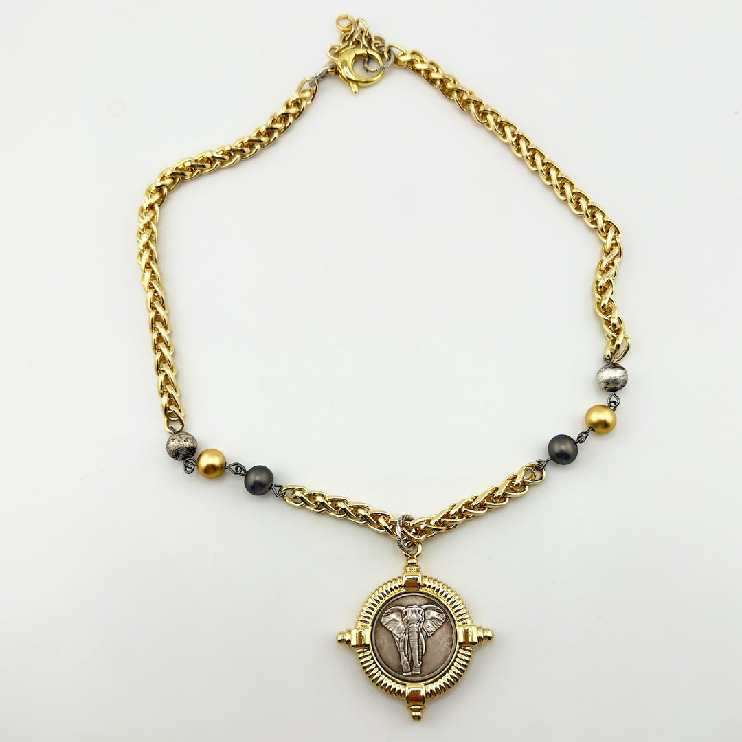 "Loyalty" Elephant Pendant on Mixed Link Chain Necklace