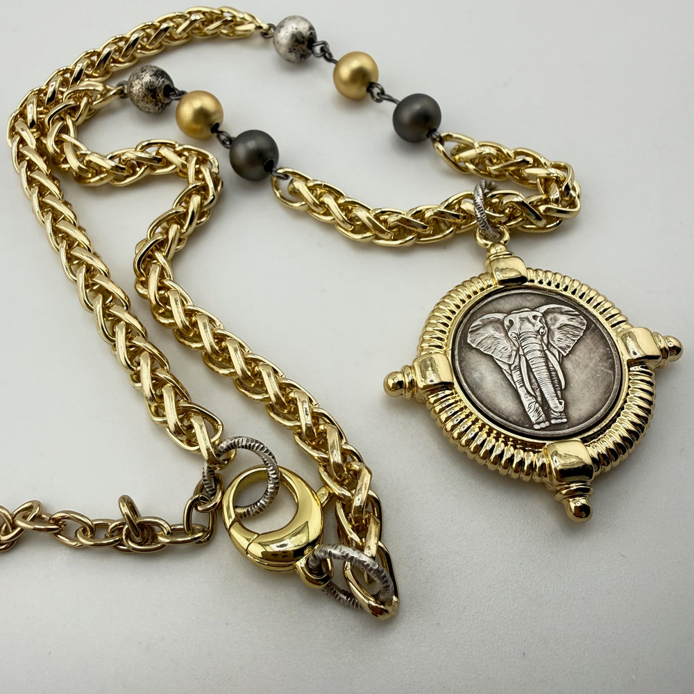 "Loyalty" Elephant Pendant on Mixed Link Chain Necklace