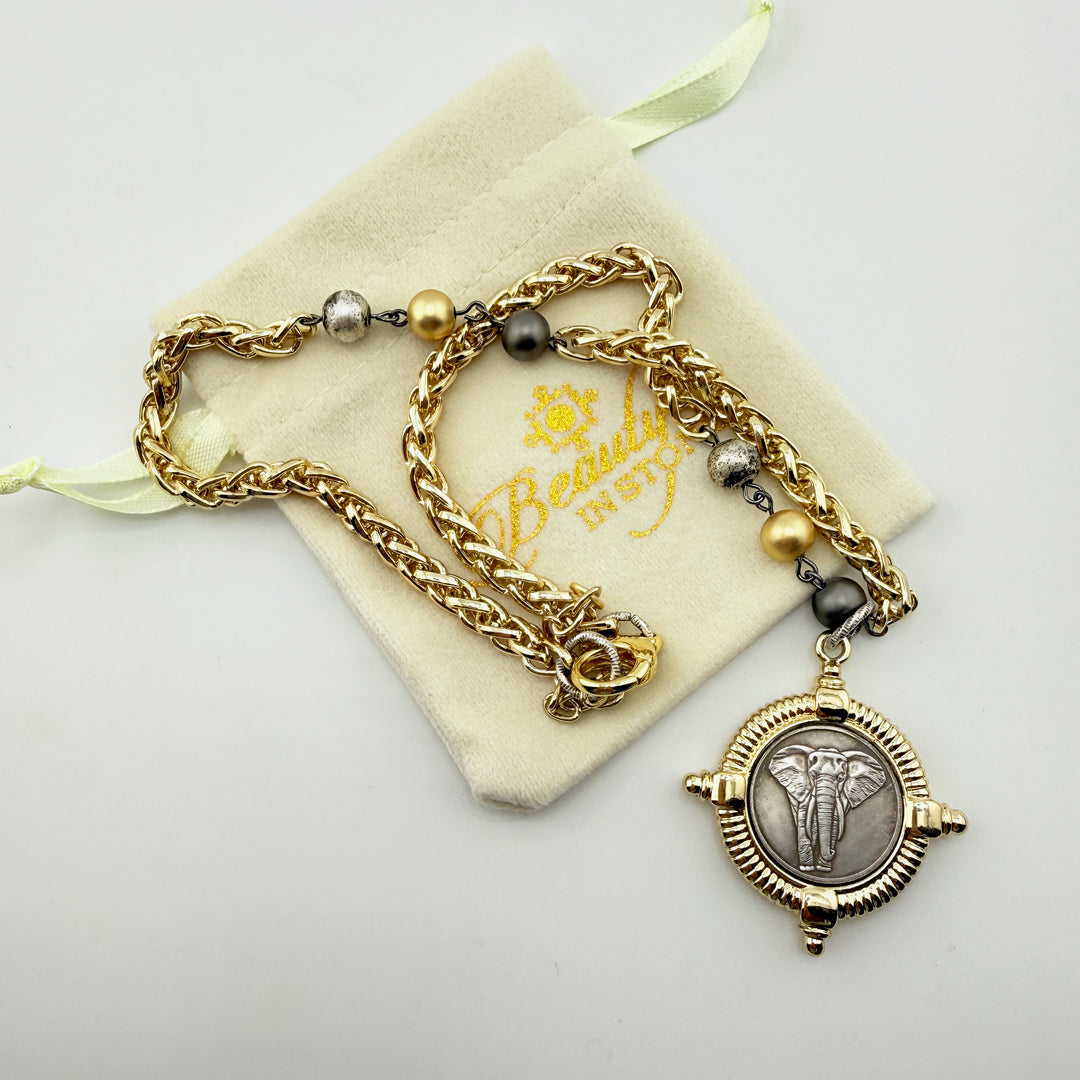 "Loyalty" Elephant Pendant on Mixed Link Chain Necklace