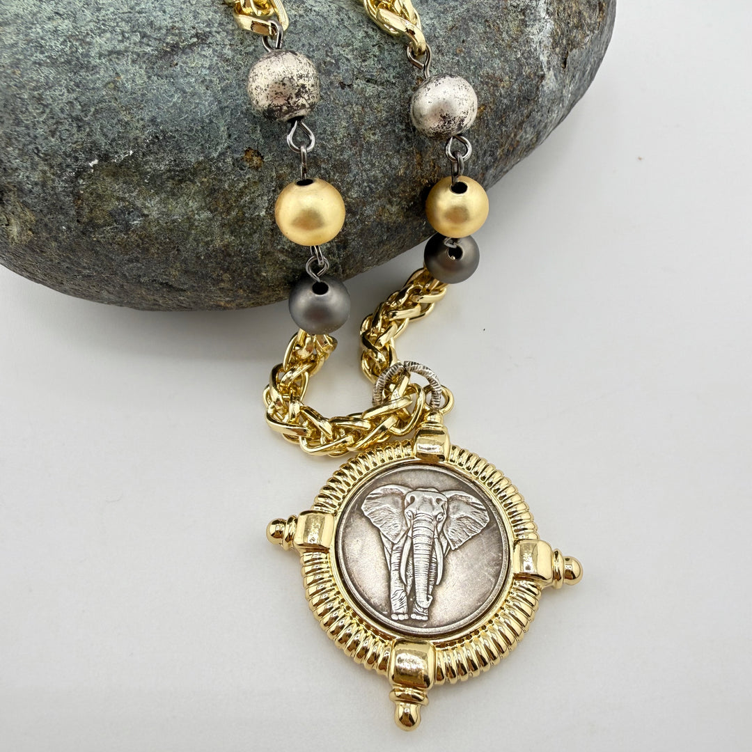 "Loyalty" Elephant Pendant on Mixed Link Chain Necklace
